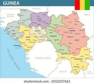 Guinea Map Vector New 2024 Colorful - Customizable layered political map of Guinea with administrative divisions for website, education, reports, news, politics, print, poster and wallpaper