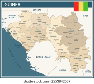 Guinea Map Vector Vintage Dark Blue Beige - Customizable layered political map of Guinea with administrative divisions for website, education, reports, news, politics, print, poster and wallpaper