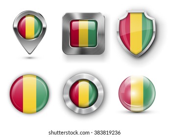 Guinea Metal and Glass Flag Badges, Buttons, Map marker pin and Shields. Vector illustrations