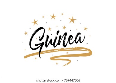 Guinea. Name country word text card, banner script. Beautiful typography inscription greeting calligraphy poster black, gold ribbon, star. Handwritten design modern brush lettering isolated vector