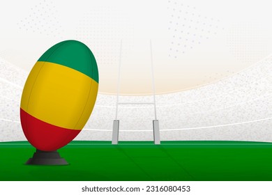 Guinea national team rugby ball on rugby stadium and goal posts, preparing for a penalty or free kick. Vector illustration.