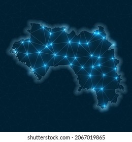 Guinea network map. Abstract geometric map of the country. Digital connections and telecommunication design. Glowing internet network. Vibrant vector illustration.