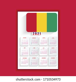 Guinea New year 2021 poster template design, new year 2021 calendar design,  annual calendar 2021, One Page Wall Calendar 2021