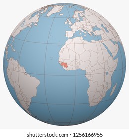 Guinea on the globe. Earth hemisphere centered at the location of the Republic of Guinea. Guinea-Conakry map.