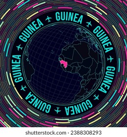 Guinea en el mundo. La visión satelital del mundo se centró en Guinea. Brillante estilo neón. Fondo de ladrillos radiales futuristas. Hermosa ilustración vectorial.