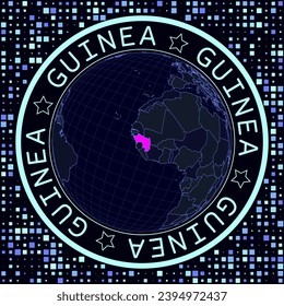 Guinea on globe vector. Futuristic satelite view of the world centered to Guinea. Geographical illustration with shape of country and squares background. Bright neon colors on dark background.