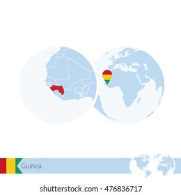 Guinea on world globe with flag and regional map of Guinea. Vector Illustration.