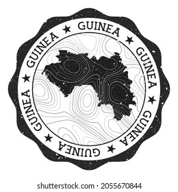 Guinea outdoor stamp. Round sticker with a map of the country featuring topographic isolines. Vector illustration.