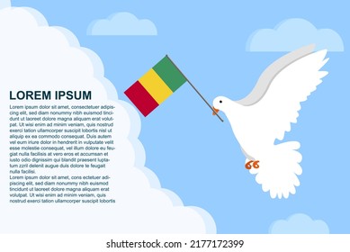 Concepto de paz de Guinea con área de texto, ave de la paloma de la paz con bandera de Guinea en su pico, paloma volando en las nubes, diseño de ilustración vectorial, plantilla del día de la paz de Guinea, idea de libertad