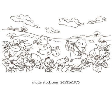 Colheita de néctar de cobaia em linha de arte para colorir