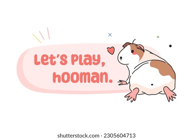 Guinea Pig with cute butt  Vector Isolated Pattern for T-Shirt Print, Background, Decorative Art. Cute Cartoon Animal Back View Illustration with text. Guinea Pig and Text - Let's play!