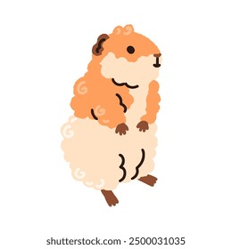 Conejillo de Indias, lindo animal pequeño y esponjoso. Cavy, adorable roedor divertido. Peludo y tierno pequeño hámster mascota. Kawaii dulce comic miniatura mamífero. Ilustración vectorial gráfica plana aislada sobre fondo blanco