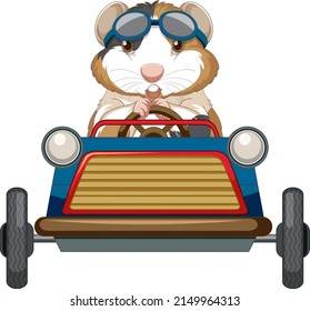 Guinea pig driving car toy cartoon illustration