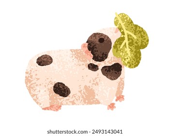 Conejillo de Indias comiendo hojas verdes. Cute cavy, adorable roedor divertido con la comida. Kawaii encantadora alimentación animal en miniatura. Ilustración vectorial gráfica plana infantil de los niños aislada sobre fondo blanco