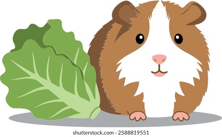 The guinea pig happily approaches the lettuce leaf.