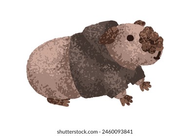 Conejillo de Indias con capucha. Lindo cavernícola. Divertida mascota de roedor kawaii con piel suave. Adorable animalito en ropa, estilo de niños cómicos. Carácter cariñoso. Ilustración vectorial plana aislada sobre fondo blanco