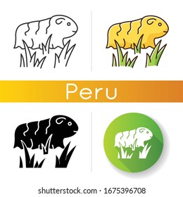 Guinea pig icons set. Shaggy rodent in grass. Pocket pet. Domestic cavy in fresh air. Cute little cavia. Local Peruvian wildlife. Linear, black and RGB color styles. Isolated vector illustrations