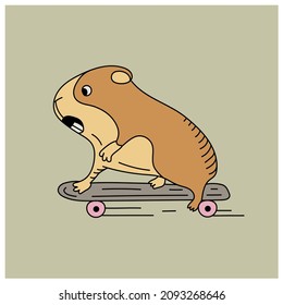 Guinea pig on a skateboard in doodle style. Vector illustration