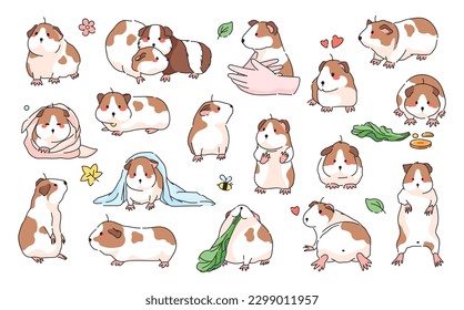 Guinea Pig Poses Isolated Vector Icon Set. Domestic Pet rodents collection. Cute Cartoon Hamster or Guinea Pig Illustrations Collection.