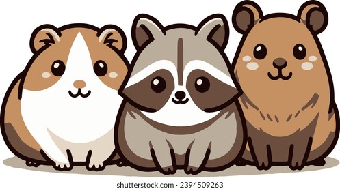 Guinea pig, raccoon and capybara. Cute characters, vector design.