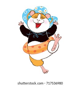 Guinea pig in a rubber ring and hat.
