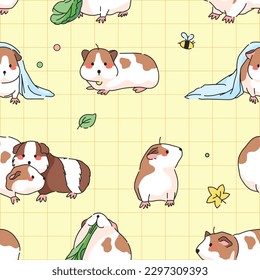 Guinea pig seamless pattern. Cute background with guinea pigs in different poses in cartoon modern style. Decorative patterns for print, fashion, wallpaper, kids clothes,. Vector illustration.