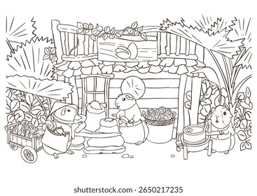 Guinea pig selling nuts in line art for coloring