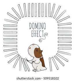 Guinea pig starts a chain of dominoes. Figured frame for children's cards. Vector illustration.
