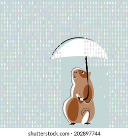 Guinea pig with umbrella in the rain. Vector illustration