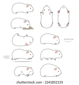 Guinea pig vector illustration set (eating, tilting, fussing, lying down, walking, running, gaining weight, losing weight)