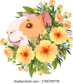 Guinea pig in yellow flowers.