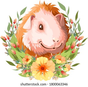 Guinea pig in yellow flowers.