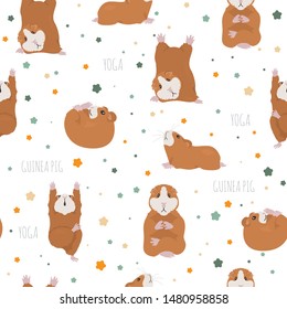 Guinea pig yoga poses and exercises. Cute cartoon seamless pattern. Vector illustration