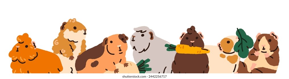 Conejillos de Indias, lindos animales de las cavernas bordean. Decoración divertida de las mascotas del roedor, bandera. Adorables mamíferos kawaii con comida, verduras. Ilustración vectorial gráfica plana aislada sobre fondo blanco