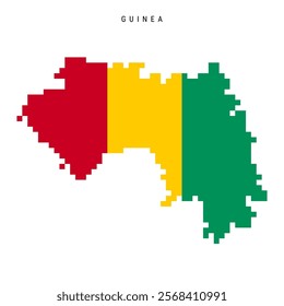 Guinea pixel flag map icon. 8 bit pixel art Republic of Guinea map covered with flag. Flat vector illustration isolated on white background.