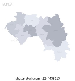 Guinea political map of administrative divisions - regions. Grey vector map with labels.