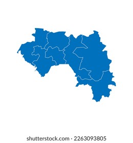 Guinea political map of administrative divisions - regions. Solid blue blank vector map with white borders.