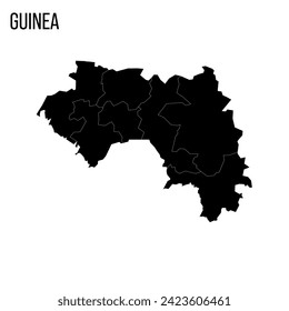 Guinea political map of administrative divisions - regions. Blank black map and country name title.