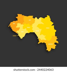 Guinea political map of administrative divisions - regions. Yellow shade flat vector map with name labels and dropped shadow isolated on dark grey background.