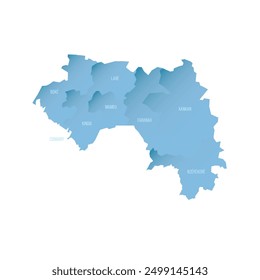 Guinea political map of administrative divisions - regions. Shaded vector map with 3D-like blue gradient and name labels