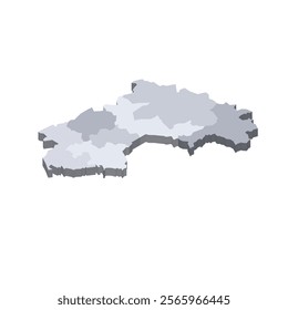 Guinea political map of administrative divisions - regions. 3D isometric blank vector map in shades of grey.