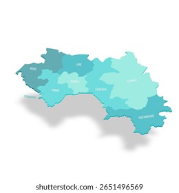Mapa político da Guiné das divisões administrativas - regiões. Mapa de vetor turquesa 3D com rótulos de nome.