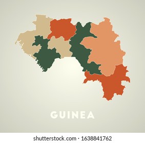 Guinea poster in retro style. Map of the country with regions in autumn color palette. Shape of Guinea with country name. Vibrant vector illustration.