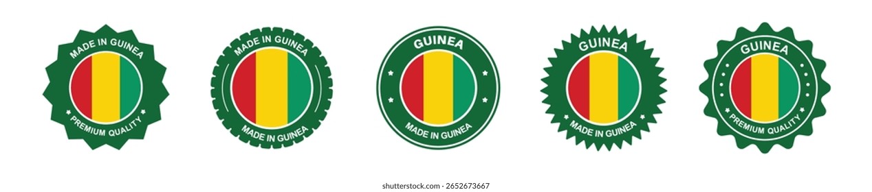 conjunto de rótulos de produtos da guiné. bandeira da guiné, prêmio fabricado na guiné . Etiquetas, selos, carimbos, bandeiras, ícones