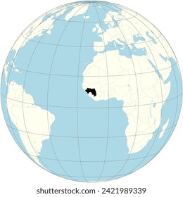 Guinea prominently displayed in the orthographic projection of the world map, rich in natural resources, located in West Africa.