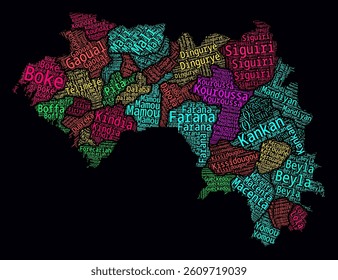 Guinea Regions Word Clouds. Bright neon style design on dark background. Region names of the country in French language. Country shape with administrative division. Awesome vector illustration.