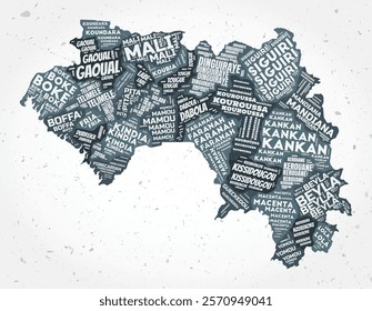 Guinea regions word clouds. Country shape on textured background. Guinea design in typographic style. Retro vector illustration.