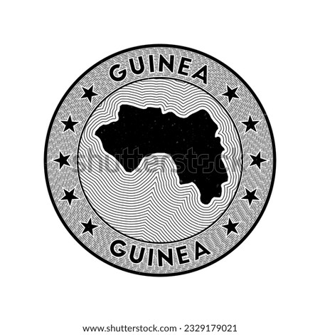 Guinea round badge vector. Country round stamp with shape of Guinea, isolines and circular country name. Authentic emblem. Beautiful vector illustration.