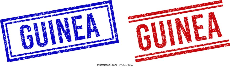 Impresiones de goma de GUINEA con efecto de grunge. Vectores diseñados con doble línea, en colores azul y rojo. Título colocado dentro de un marco de rectángulo doble y líneas paralelas.