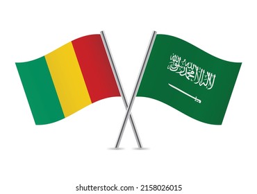 Guinea and Saudi Arabia crossed flags. Guinean and Saudi Arabian flags on white background. Vector icon set. Vector illustration.